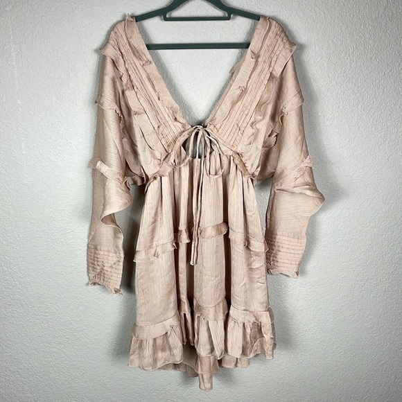 New ASOS Design Tiered Soft Mini Dress Pleated Tie Front Open Back Blush Sz 4 - Picture 5 of 12